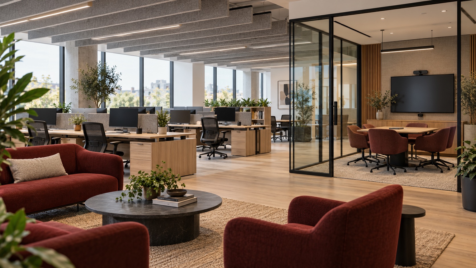 Illustrative office with integrated meeting and collaboration spaces